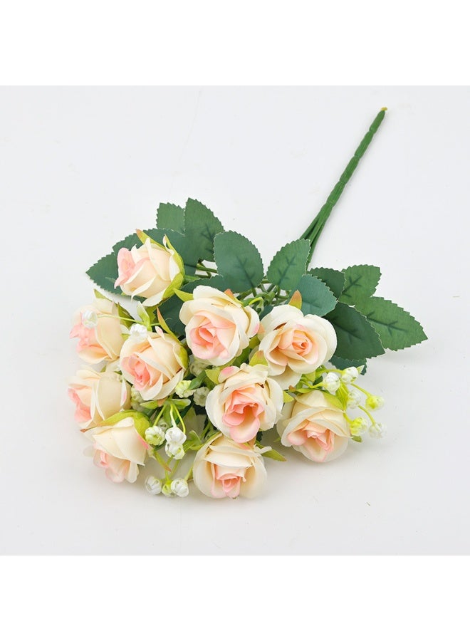HUANXIN HOME Artificial flower 12 small rose silk flower with leaf plastic flower champagne bouquet Valentine's Day home decoration kitchen wedding table decoration decoration, 1pack (Champagne) - Image 1